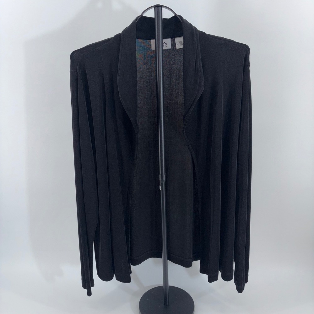 Chicos Travelers Black Open Front Cardigan Slinky Knit Shawl Collar Size 2 Large